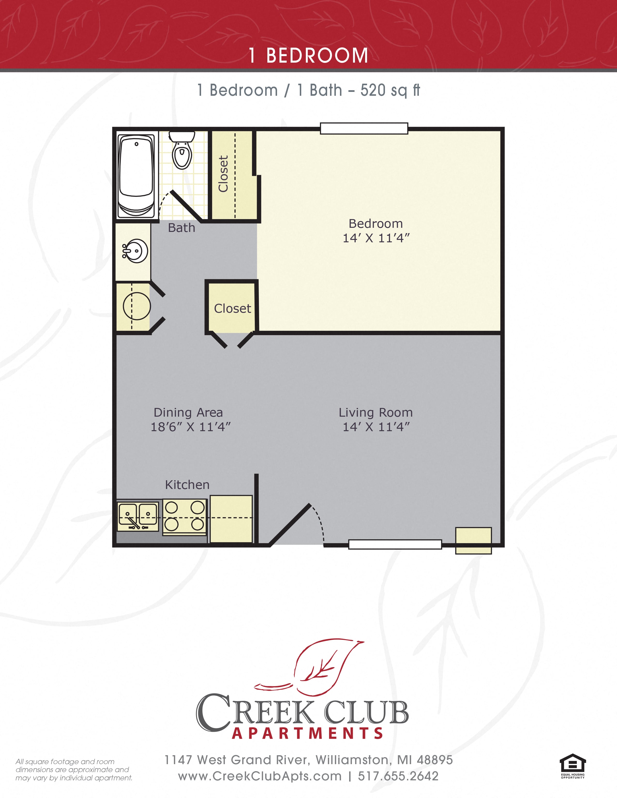 1 Bedroom / 1 Bath floor plan